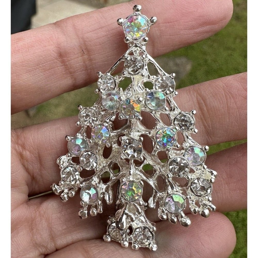 VTG Christmas Tree Brooch Pin 2 Inch Silver Rhodium Multicolor AB Rhinestones